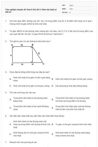 Trắc nghiệm chuyên đề Toán 8 Chủ đề 9: Hình chữ nhật có đáp án