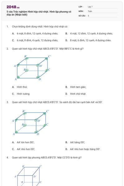5 câu Trắc nghiệm Hình hộp chữ nhật. Hình lập phương có đáp án (Nhận biết)