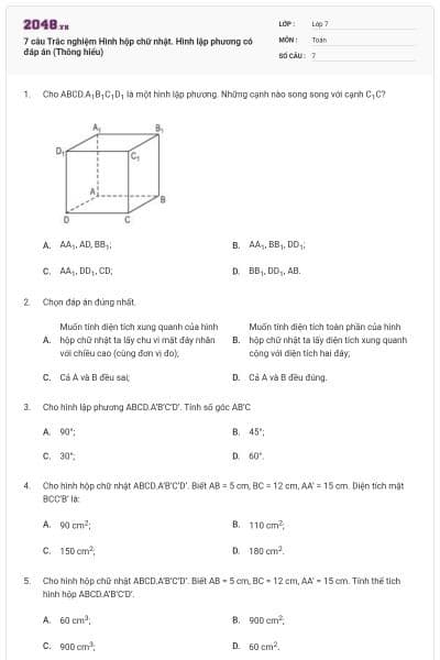 7 câu Trắc nghiệm Hình hộp chữ nhật. Hình lập phương có đáp án (Thông hiểu)