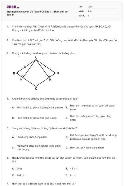 Trắc nghiệm chuyên đề Toán 8 Chủ đề 11: Hình thoi có đáp án
