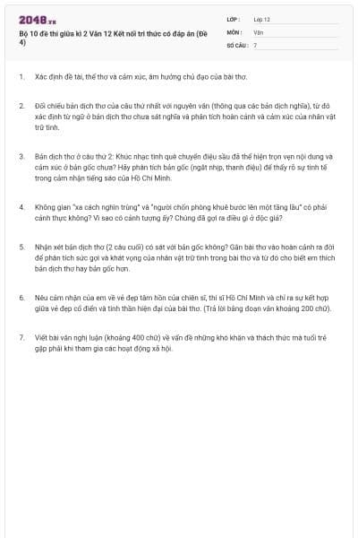 Bộ 10 đề thi giữa kì 2 Văn 12 Kết nối tri thức có đáp án (Đề 4)