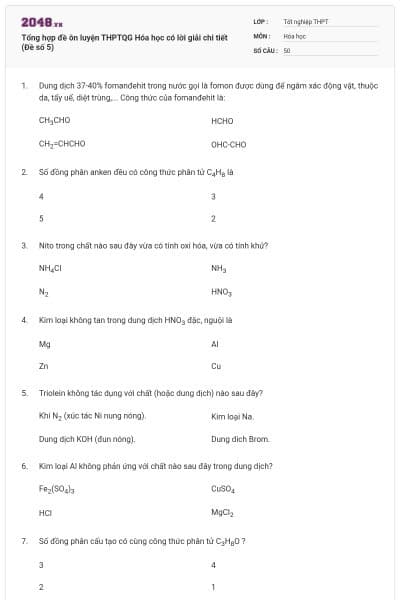 Tổng hợp đề ôn luyện THPTQG Hóa học có lời giải chi tiết (Đề số 5)