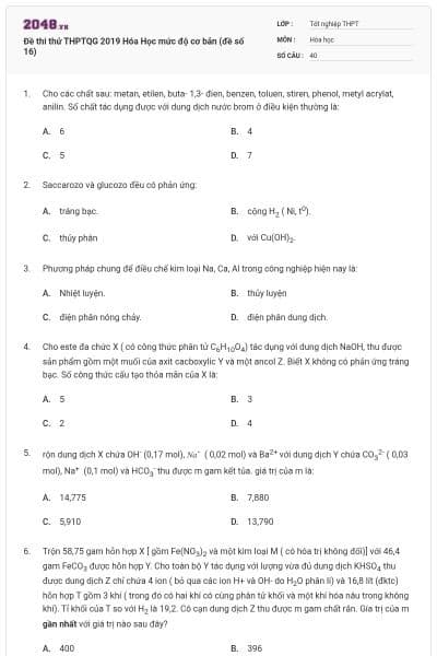 Đề thi thử THPTQG 2019 Hóa Học mức độ cơ bản (đề số 16)