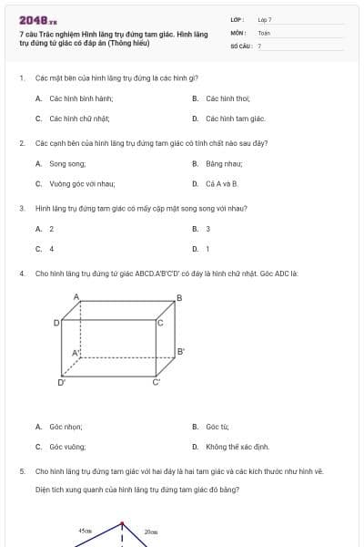 7 câu Trắc nghiệm Hình lăng trụ đứng tam giác. Hình lăng trụ đứng tứ giác có đáp án (Thông hiểu)