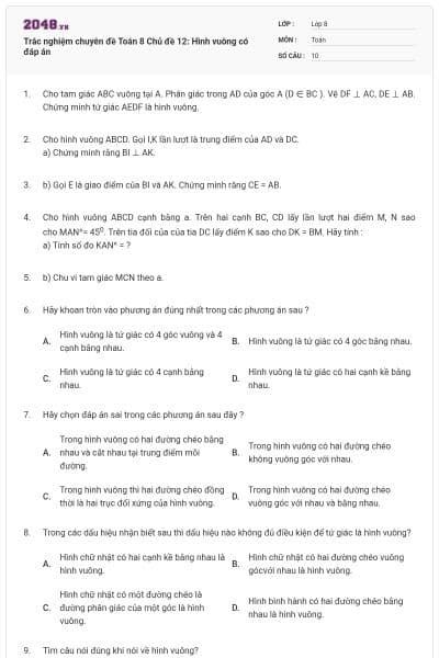 Trắc nghiệm chuyên đề Toán 8 Chủ đề 12: Hình vuông có đáp án