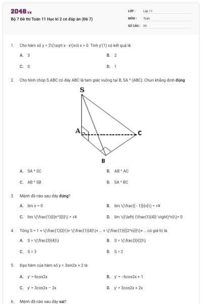Bộ 7 Đề thi Toán 11 Học kì 2 có đáp án (Đề 7)