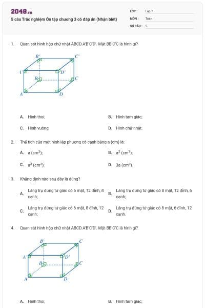 5 câu Trắc nghiệm Ôn tập chương 3 có đáp án (Nhận biết)