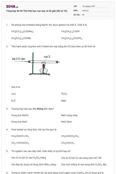 Tổng hợp đề thi Thử Hóa học cực hay có lời giải (Đề số 10)