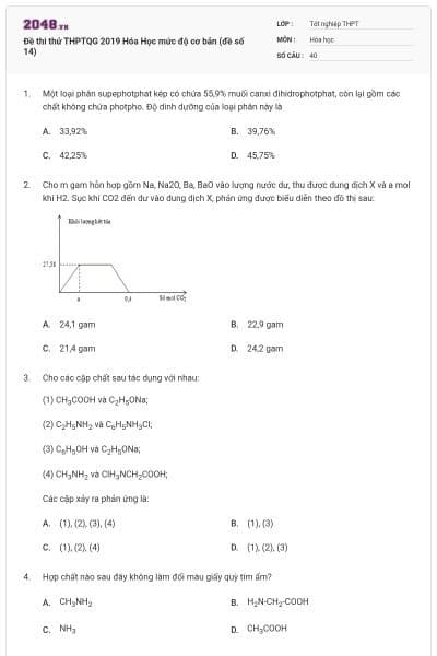 Đề thi thử THPTQG 2019 Hóa Học mức độ cơ bản (đề số 14)