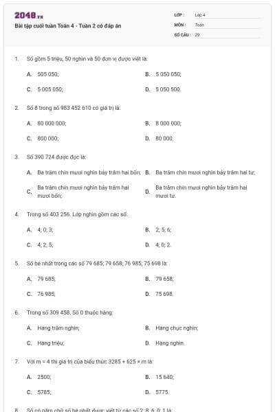 Bài tập cuối tuần Toán 4 - Tuần 2 có đáp án