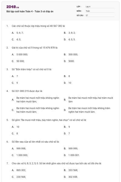 Bài tập cuối tuần Toán 4 - Tuần 3 có đáp án