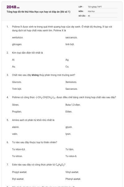 Tổng hợp đề thi thử Hóa Học cực hay có đáp án (Đề số 1)