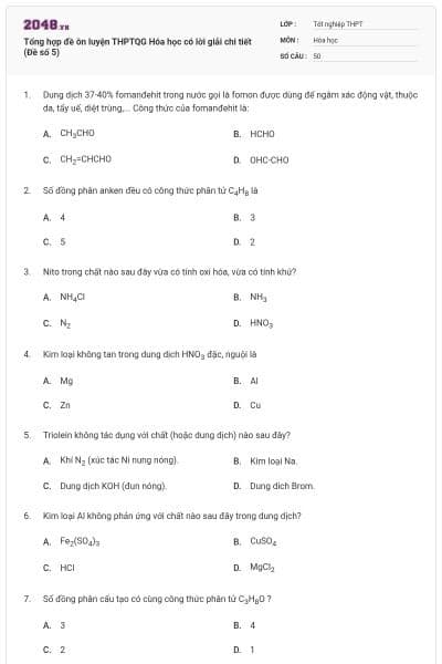 Tổng hợp đề ôn luyện THPTQG Hóa học có lời giải chi tiết (Đề số 5)
