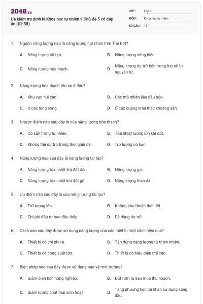 Đề kiểm tra định kì Khoa học tự nhiên 9 Chủ đề 5 có đáp án (Đề 38)