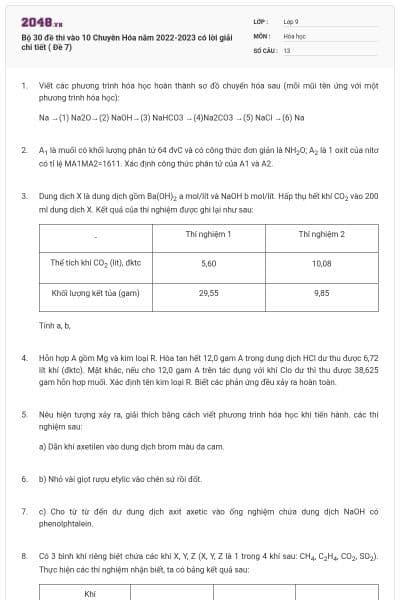 Bộ 30 đề thi vào 10 Chuyên Hóa năm 2022-2023 có lời giải chi tiết ( Đề 7)