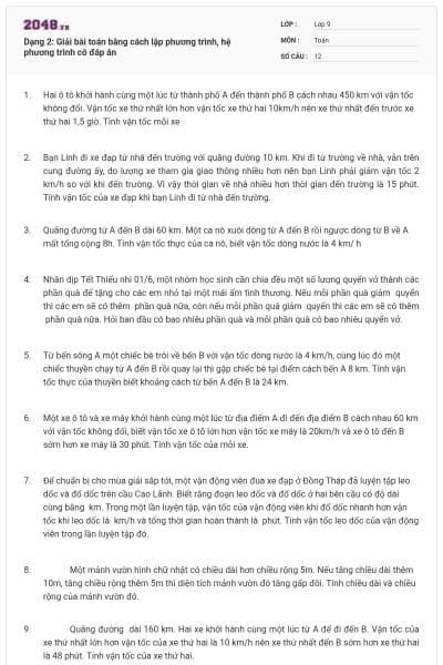 Dạng 2: Giải bài toán bằng cách lập phương trình, hệ phương trình có đáp án