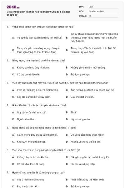 Đề kiểm tra định kì Khoa học tự nhiên 9 Chủ đề 5 có đáp án (Đề 40)