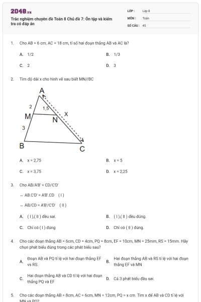 Trắc nghiệm chuyên đề Toán 8 Chủ đề 7: Ôn tập và kiểm tra có đáp án