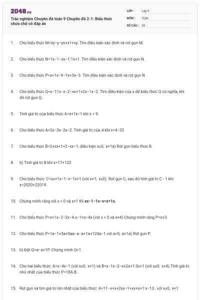 Trắc nghiệm Chuyên đề toán 9 Chuyên đề 2-1: Biểu thức chứa chữ có đáp án