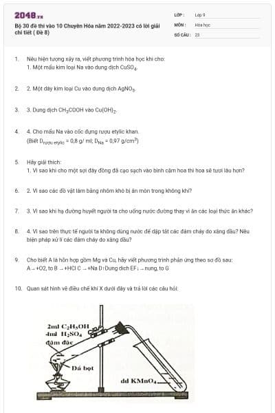 Bộ 30 đề thi vào 10 Chuyên Hóa năm 2022-2023 có lời giải chi tiết ( Đề 8)