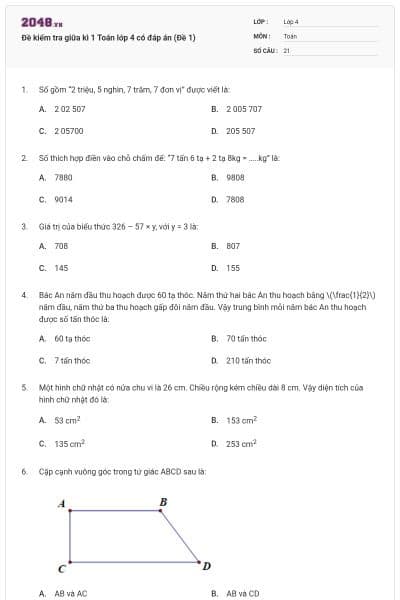 Đề kiểm tra giữa kì 1 Toán lớp 4 có đáp án (Đề 1)
