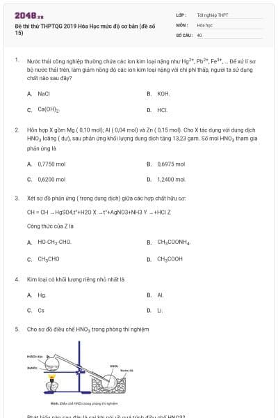 Đề thi thử THPTQG 2019 Hóa Học mức độ cơ bản (đề số 15)
