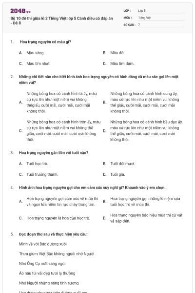 Bộ 10 đề thi giữa kì 2 Tiếng Việt lớp 5 Cánh diều có đáp án - Đê 8