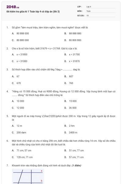 Đề kiểm tra giữa kì 1 Toán lớp 4 có đáp án (Đề 3)