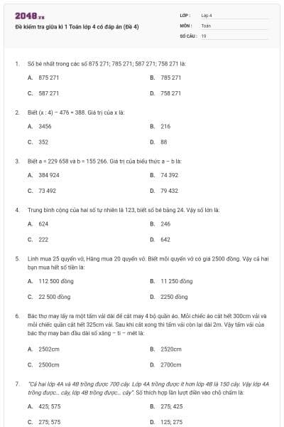 Đề kiểm tra giữa kì 1 Toán lớp 4 có đáp án (Đề 4)