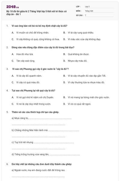 Bộ 10 đề thi giữa kì 2 Tiếng Việt lớp 5 Kết nối tri thức có đáp án - Đề 1
