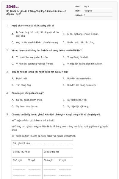 Bộ 10 đề thi giữa kì 2 Tiếng Việt lớp 5 Kết nối tri thức có đáp án - Đề 2