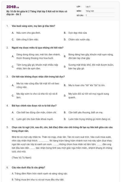 Bộ 10 đề thi giữa kì 2 Tiếng Việt lớp 5 Kết nối tri thức có đáp án - Đề 3