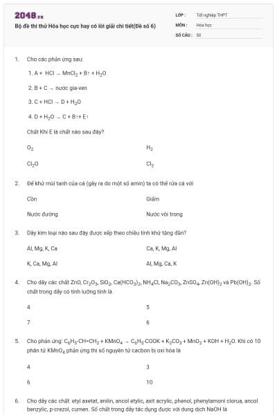 Bộ đề thi thử Hóa học cực hay có lời giải chi tiết(Đề số 6)