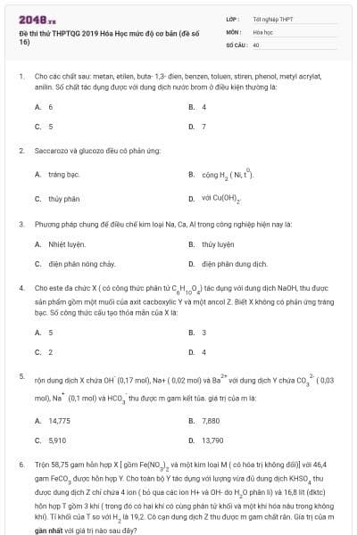 Đề thi thử THPTQG 2019 Hóa Học mức độ cơ bản (đề số 16)