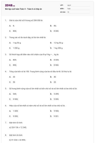 Bài tập cuối tuần Toán 4 - Tuần 6 có đáp án