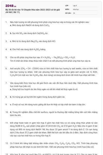 Bộ 30 đề thi vào 10 Chuyên Hóa năm 2022-2023 có lời giải chi tiết ( Đề 11)