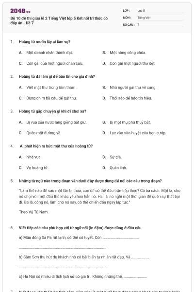 Bộ 10 đề thi giữa kì 2 Tiếng Việt lớp 5 Kết nối tri thức có đáp án - Đề 7