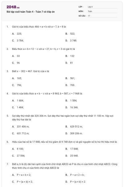 Bài tập cuối tuần Toán 4 - Tuần 7 có đáp án
