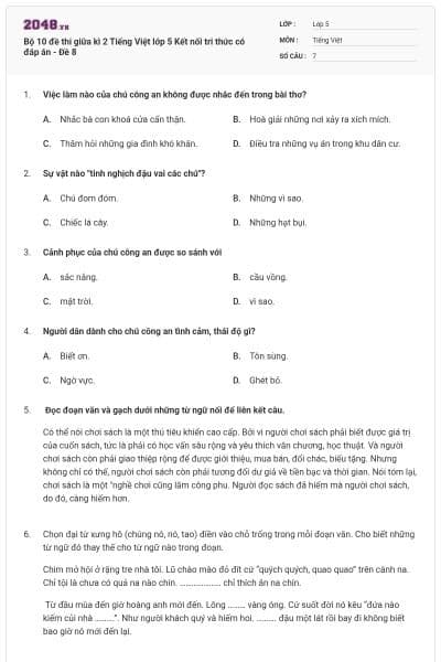 Bộ 10 đề thi giữa kì 2 Tiếng Việt lớp 5 Kết nối tri thức có đáp án - Đề 8