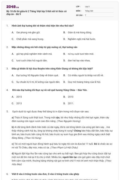 Bộ 10 đề thi giữa kì 2 Tiếng Việt lớp 5 Kết nối tri thức có đáp án - Đề 9