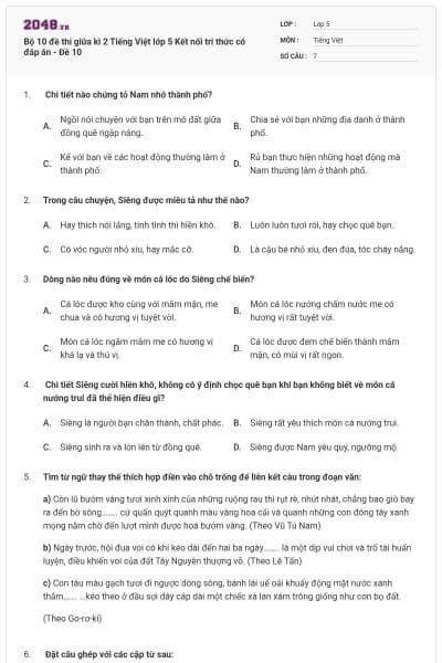 Bộ 10 đề thi giữa kì 2 Tiếng Việt lớp 5 Kết nối tri thức có đáp án - Đề 10
