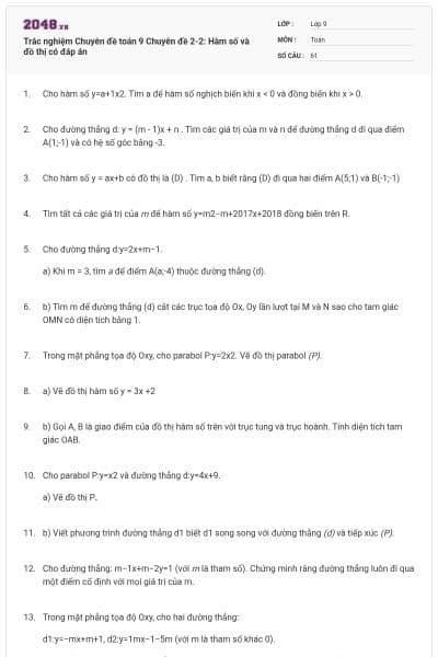 Trắc nghiệm Chuyên đề toán 9 Chuyên đề 2-2: Hàm số và đồ thị có đáp án