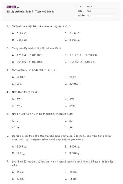 Bài tập cuối tuần Toán 4 - Tuần 9 có đáp án