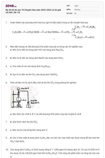 Bộ 30 đề thi vào 10 Chuyên Hóa năm 2022-2023 có lời giải chi tiết ( Đề 13)