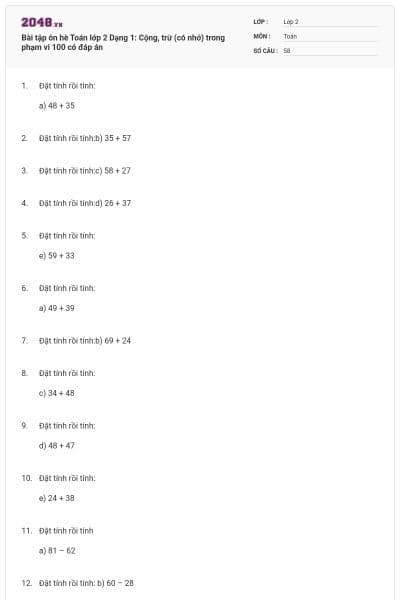 Bài tập ôn hè Toán lớp 2 Dạng 1: Cộng, trừ (có nhớ) trong phạm vi 100 có đáp án