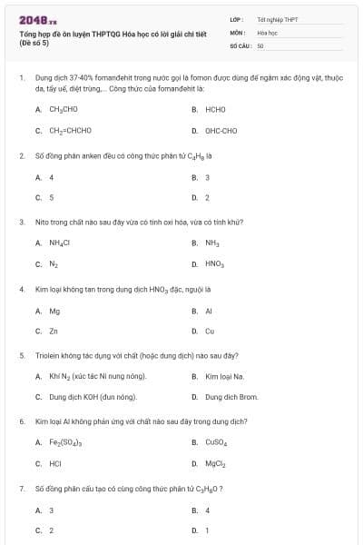 Tổng hợp đề ôn luyện THPTQG Hóa học có lời giải chi tiết (Đề số 5)