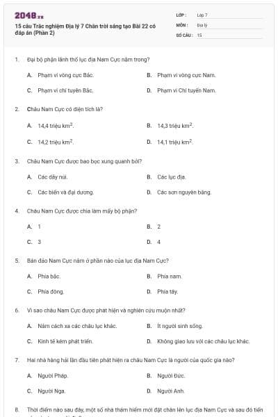 15 câu Trắc nghiệm Địa lý 7 Chân trời sáng tạo Bài 22 có đáp án (Phần 2)