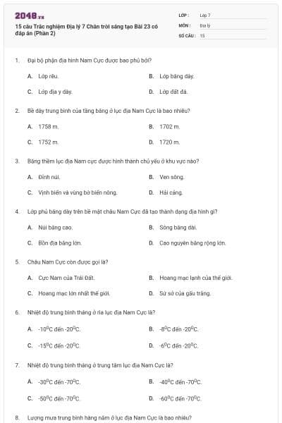 15 câu Trắc nghiệm Địa lý 7 Chân trời sáng tạo Bài 23 có đáp án (Phần 2)