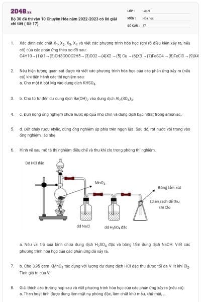 Bộ 30 đề thi vào 10 Chuyên Hóa năm 2022-2023 có lời giải chi tiết ( Đề 17)