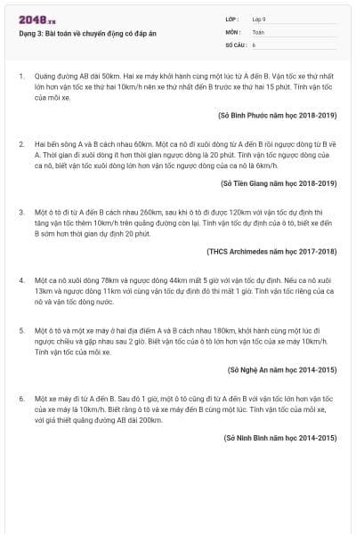 Dạng 3: Bài toán về chuyển động có đáp án